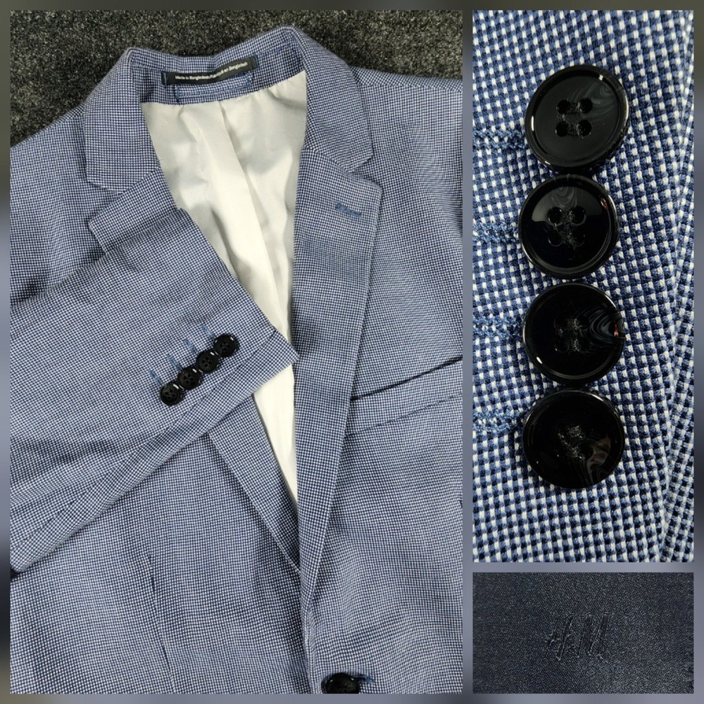 HM Slim Fit Blue Micro Check Blazer Elbow Patches Mens 40R Cotton Jacket Modern